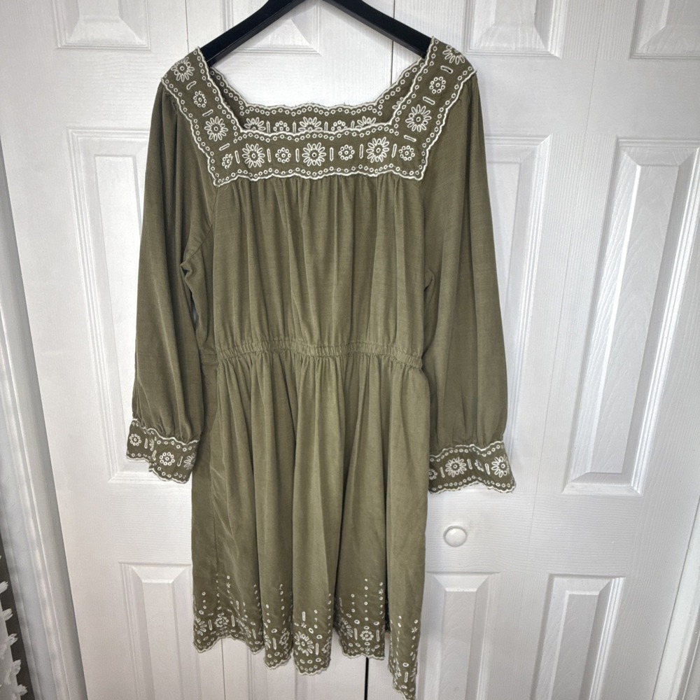 Madewell Corduroy Dress 1X NWOT Olive Green Embroidered Square Neck Mini Boho